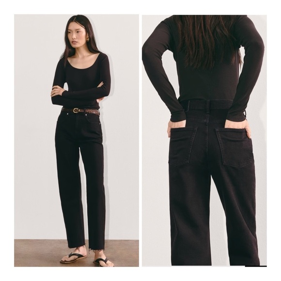NEW Everlane Black Cotton The Way-High In Coal Raw Hem Straight Leg Jeans 28T - Picture 1 of 12